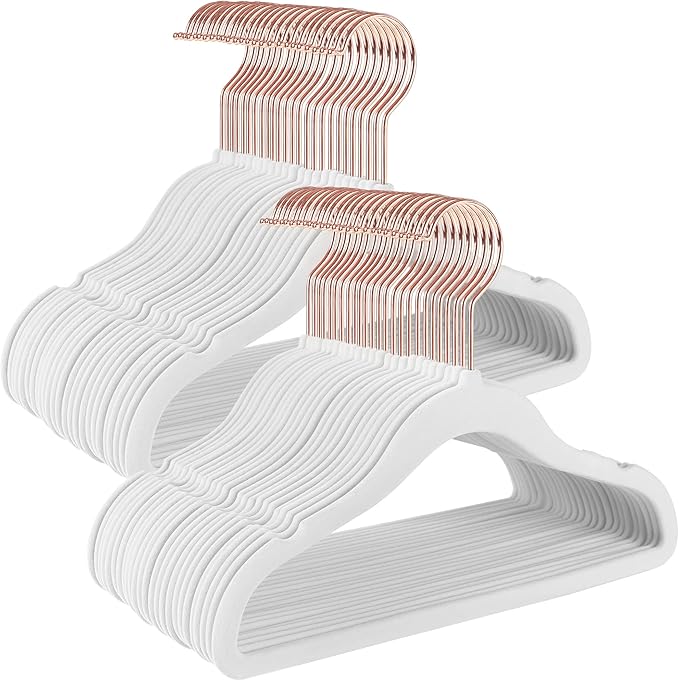 SONGMICS Baby Kids Hangers 50 Pack for Closet, 11.8 x 8.1 Inches, Rose Gold 360° Swivel Hooks, Space-Saving Clothes Velvet Hangers for Nursery, Non-Slip, Cloud White UCRF027W01