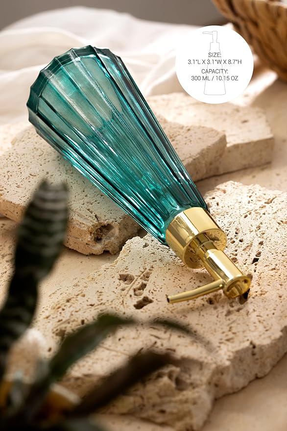 EMPO Vintage Elegant Glass Soap Dispenser, Liquid Soap/Sanitizer/Shampoo Bottle with Golden ABS Pump, Rustic Farmhouse Decor Hand Soap Dispenser Bathroom Accessories (Ocean Teal)