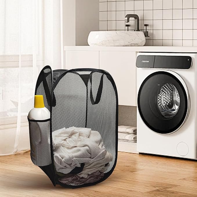 The upgraded pop-up laundry basket features a breathable side pocket mesh design, making it ideal for rooms, apartments, dormitories, travel, business trips, and children's storage(2, Black)