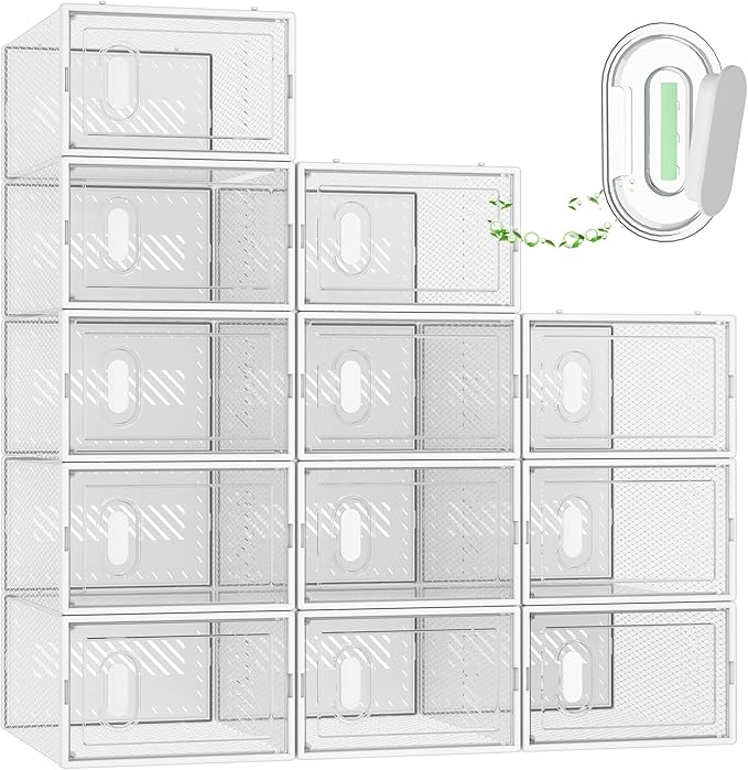 Shoe Storage, 12 Pack Shoe Organizer for Closet, Shoe Boxes Clear Plastic Stackable Shoe Containers with Lids for Size 10