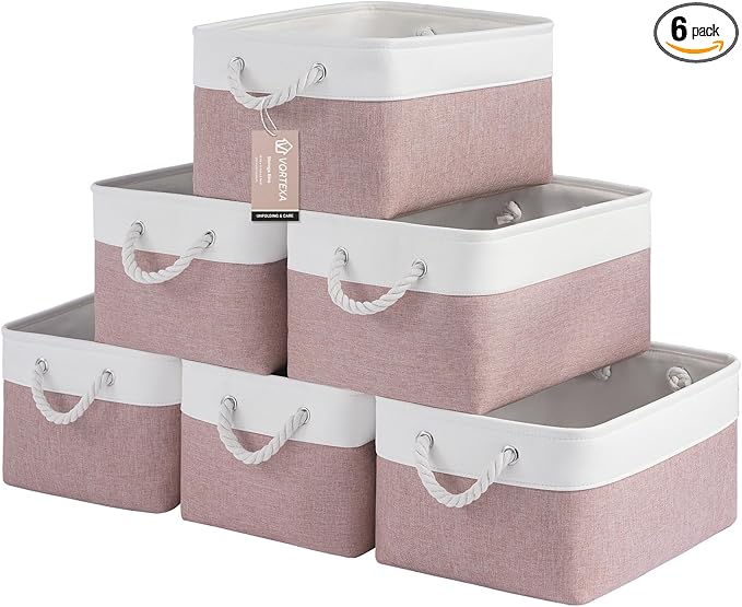 Large Storage Baskets- 15.7x11.8x8.26 inch Storage Bins for Shelves and Closet Organizing, Foldable Fabric Bin for Home Organization Clothes and Laundry (6-Pack, White&Pink)