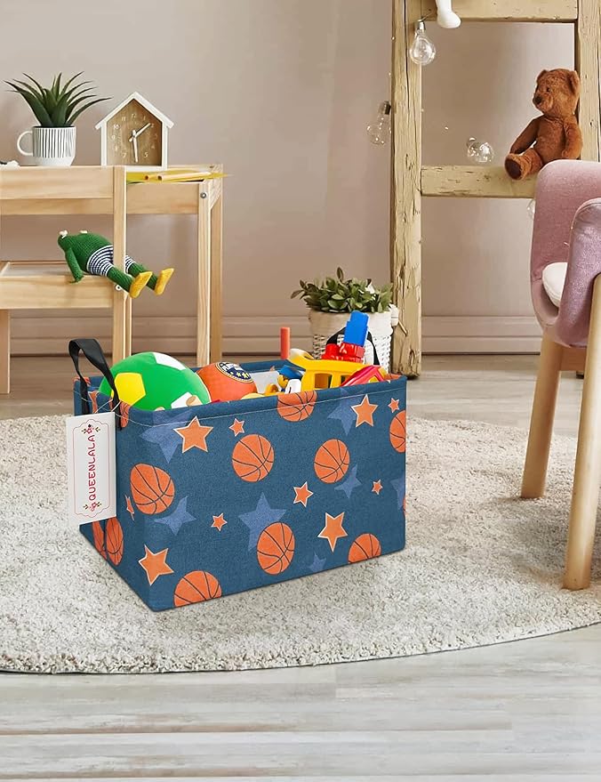 QUEENLALA Rectangular Laundry Hamper/Foldable Nursery Laundry Basket for Organizing/Storage Bin Baskets/Children Toy Office Bedroom/Toy Bin Closet Shelf Baskets（Rec-Basketball）