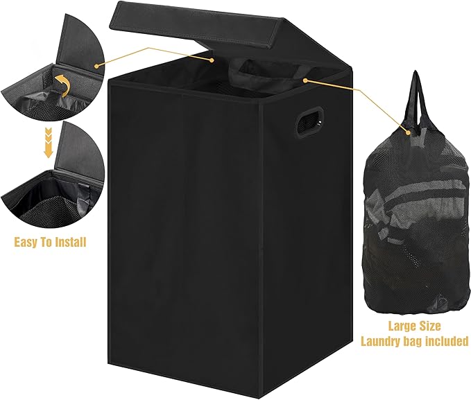 Simple Houseware Foldable Laundry Hamper Basket with Lid and Removable Bag, Black