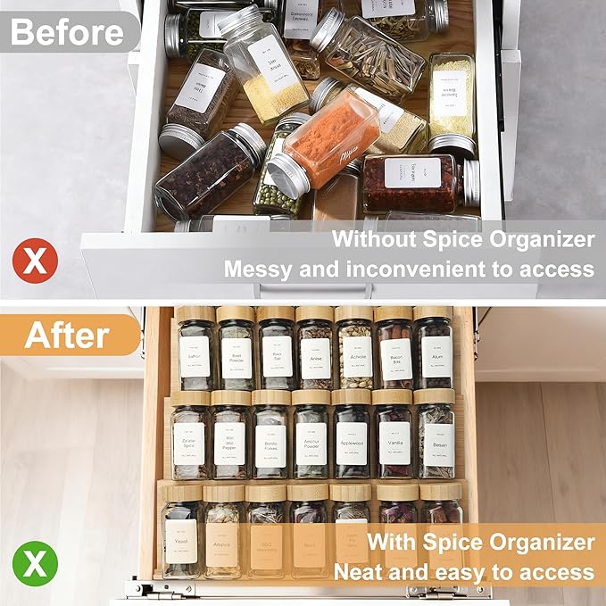 Spice Drawer Organizer with 18 Bamboo-lidded Spice Jars,216 Labels,50 Non-slip Rubber, Bamboo 4 Tier Seasoning Rack Tray Insert for Kitchen Drawers,Cabinets,Countertop,9" Wide x 15.8" Deep