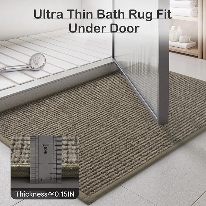 MontVoo Bath Mat-Chenille Absorbent Bathroom Mat Quick Dry-Rubber Backed Bathroom Rugs Non Slip Washable Bath Mats,Ultra Thin Bathroom Rugs Fit Under Door,17"x24",Brown