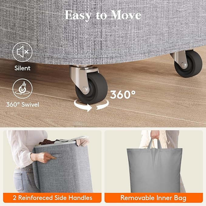 Lifewit 85L Plastic Laundry Basket with Lid, Large Clothes Hamper with Wheels and Removable Bag, Tall Collapsible Rolling Storage Bin for Dorm Bedroom Bathroom, Light Gray