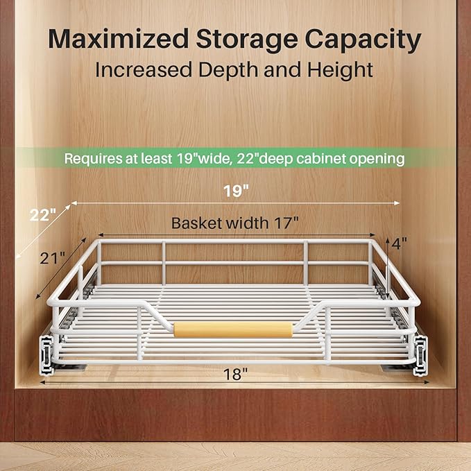 Pull out Cabinet Organizer, 18"W X 21"D, Heavy Duty Smooth Sliding Under Cabinet Shelves for Pots and Pans, Full-Extension Roll out Drawers, Slide out Organization for Home Kitchen Pantry, White