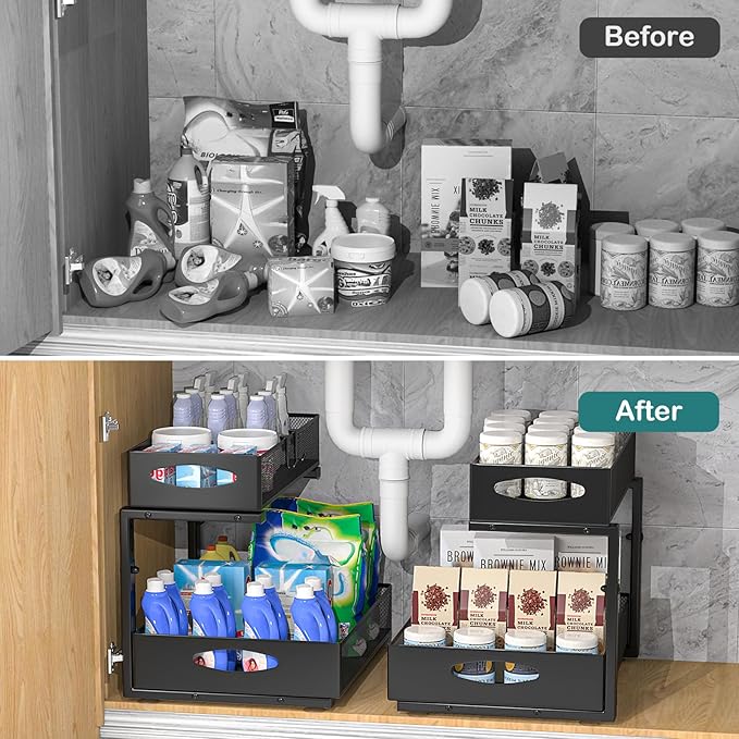 Housolution 2 Pack Large Under Sink Organizer, 2 Tier Metal Pull Out Under Sink Storage with Sliding Mesh Drawers, Height Adjustable Slide Out Under Cabinet Organizer for Kitchen Bathroom, Black