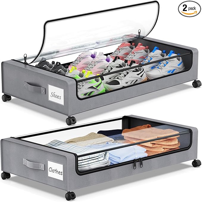 Under Bed Storage with Wheels, 2-Pack Underbed Storage Containers with Clear Lids, Under Bed Shoe Storage Organizer Bins, Rolling Under Bed Storage for Clothes Shoes Blankets (Grey)