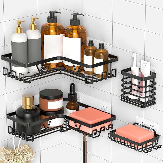 KEGII Corner Shower Caddy with Toothbrush Holder and Soap Dish, 4-Pack No Drilling Bathroom Shelves for Inside Showers, Adhesive Corner Shower Organizer for Dorm. Renters, Black