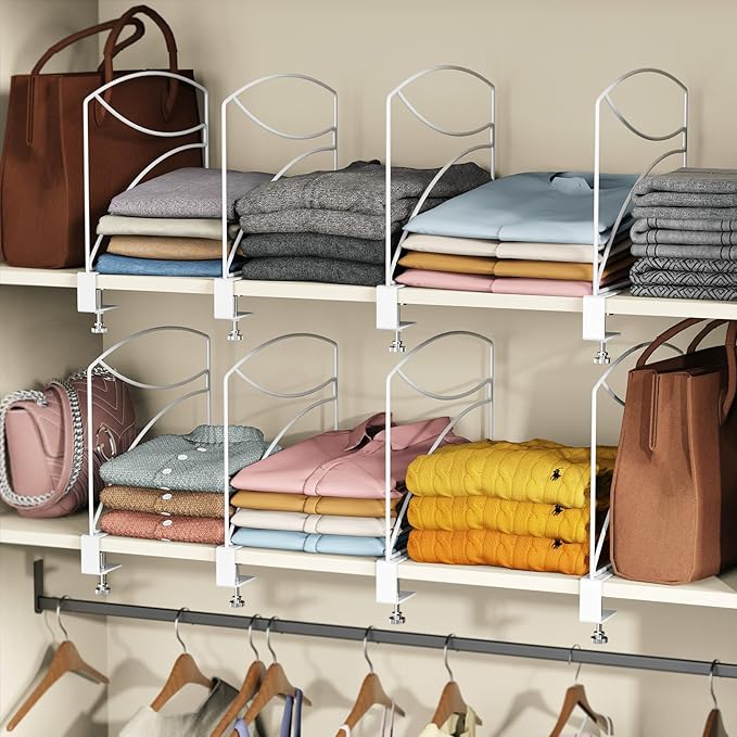 8-Piece Wire Shelf Dividers for Closet Organization, Upgraded C-Clips Adjustable Metal Shelf Dividers Suitable For Bedrooms & Kitchens, Storage Helper for Handbag Sweater Shirt Ankle Boots, White