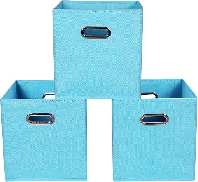 Yunkeeeper storage bins Cubes, Fabric Cube Organizer with Handle, Foldable Cube Bins for Cloth or Accessary Storage, 11x11x11, Set of 3, (Blue)