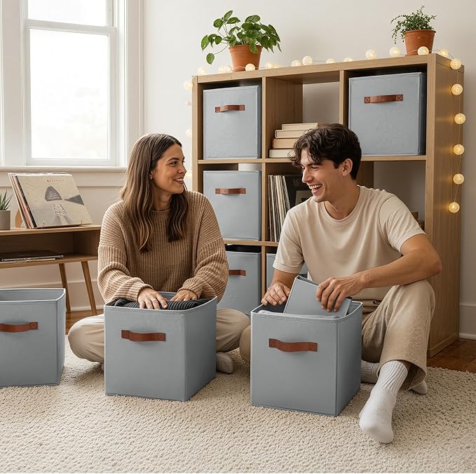 GRANNY SAYS Cube Storage Bins, 11 Inch Cube Storage Organizer, Fabric Storage Bins with PU Handle, Storage Cubes for Shelves, Closet, Dusty Blue, 6-Pack