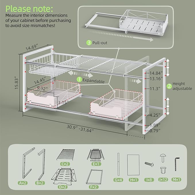 NETEL Under Sink Organizers and Storage,Kitchen Cabinet Organizer,2 Tier Under Sink Expandable Shelves，Bathroom Cabinet Organizer with Pull Out Drawers,(30.9-31.64)" W x 14.69" D x 15.83" H,White