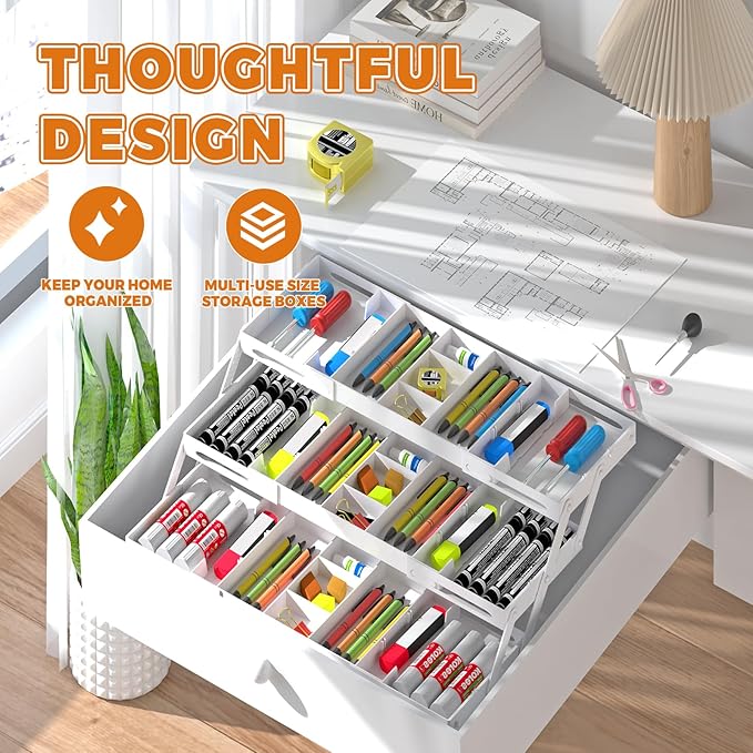 3 Tier Drawer Organizer - Expandable Junk Drawer Organizer Smart Office Supply Organizer, Folding Drawer Storage Multi-level Desk Organizer for Makeup,Jewelry,Kitchen Storage (1 Row 3 Tier, White)