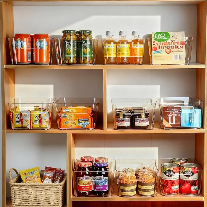 Hudgan 12 Pack Clear Pantry Organizer Bins, Plastic Storage Bins for Fridge, Plastic Pantry Organizer Containers for Home, Kitchen Cabinet, Bathroom Shelf, Under Sink and Closet