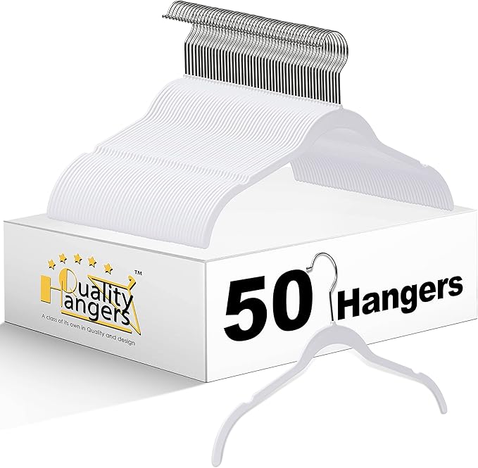 Quality Hangers Clothes Hangers 50 Pack - Non-Velvet Plastic Hangers for Clothes -Heavy Duty Coat Hanger Set -Space-Saving Closet Hangers with Chrome Swivel Hook, Non-Flocked Hangers (50, White)