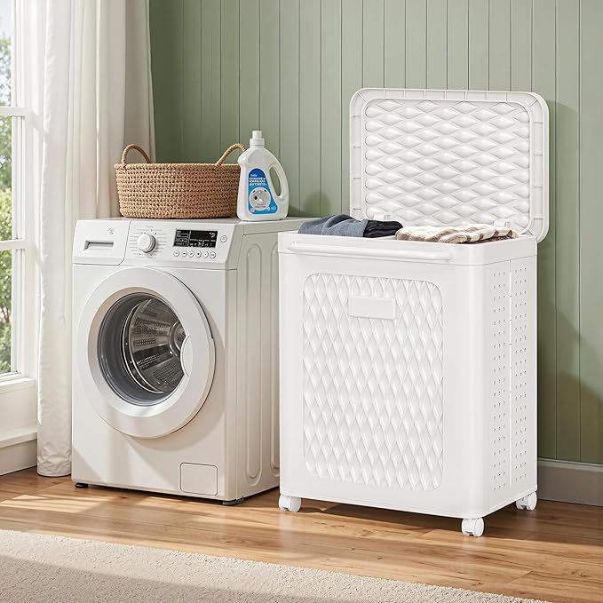 VECELO Rolling Laundry Hamper with Wheels and Lid, Foldable Plastic Laundry Basket with Handle, Rolling Divided Laundry Cart for Small Spaces, Laundry, Bathroom, Bedroom, White