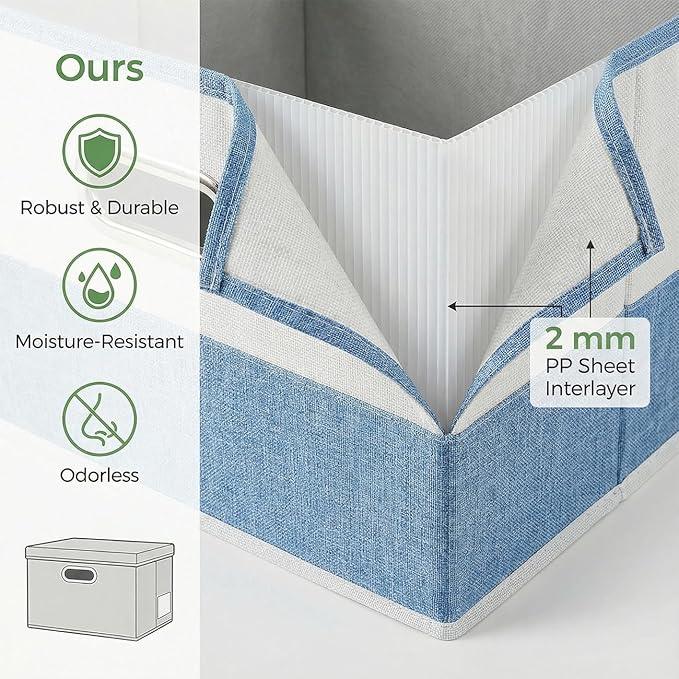 PRANDOM Storage Bins with Lids [3-Pack] Linen Fabric Foldable Storage Boxes Organizer Containers Baskets Cube with Cover for Bedroom Closet Office Blue&White（11.4X8.6X6.7