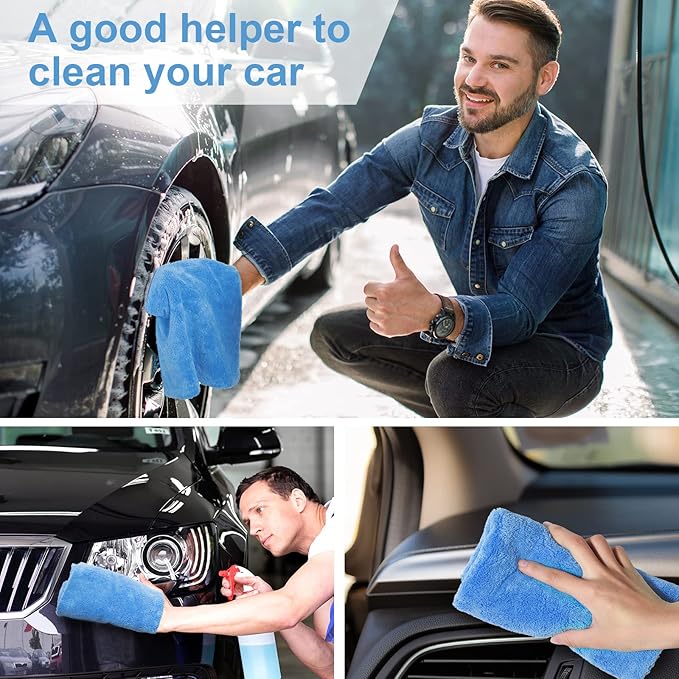 Shimeyao 30 Pcs 16 x 16 Inch Edgeless Microfiber Plush Towels for Cars Detailing Drying Wash Polishing Absorbent Cleaning Cloths, 500 GSM (Light Blue)