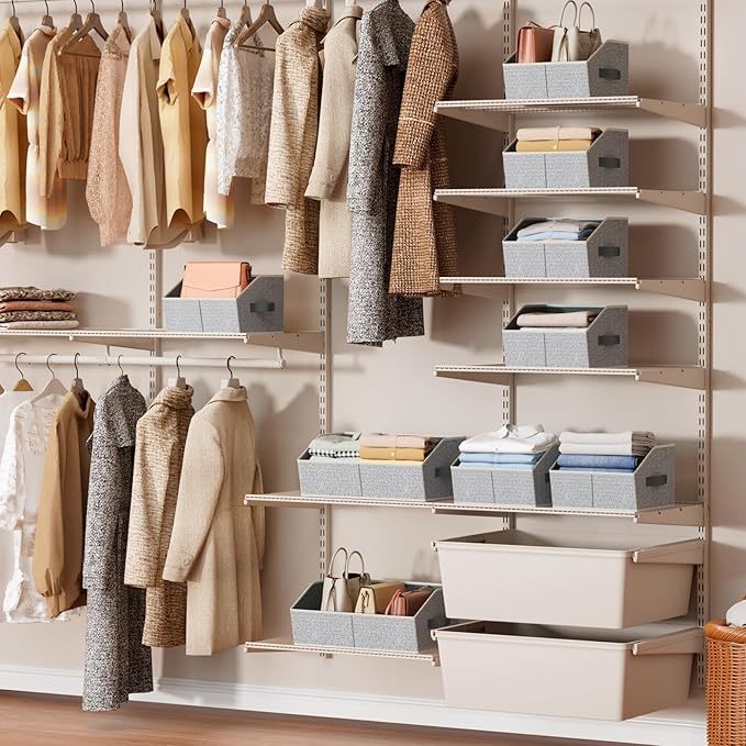 Storage Bins for Shelves - Small Trapezoid Closet Shelf Organizer, Fabric Organization Bins with Handles, Storage Baskets for Clothes, Towel, Purse, 4 Pack, Light Gray