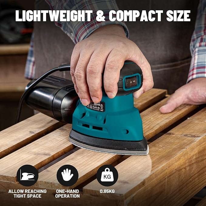DOVAMAN DLS03A Detail Sander, 130W Palm Sander Tool, Dust Collection System, 12PCS Sandpaper, 12000RPM Compact Hand Tool for Wood Steel Surfaces