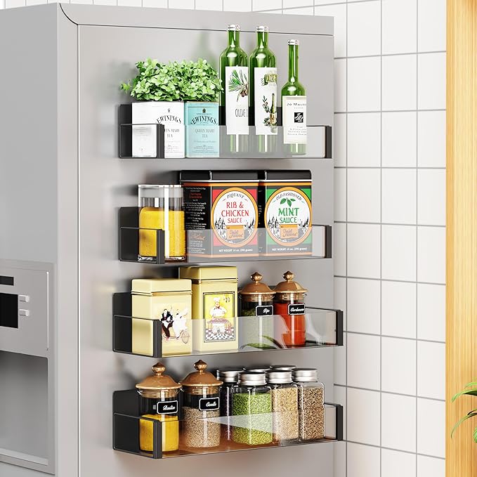 2/3/4 Pack Moveable Fridge Magnetic Spice Racks,Metal Black/White (Clear)