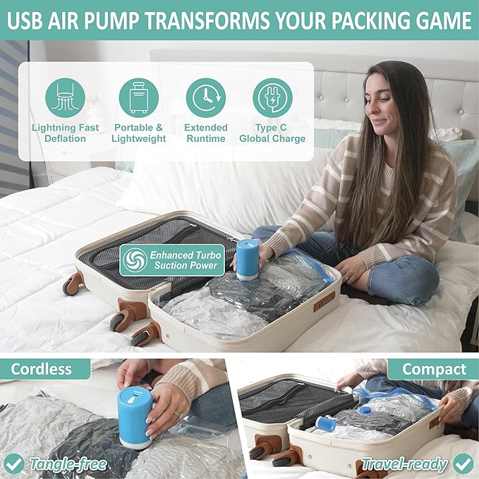Cozy Essential 8 Pack Travel Vacuum Storage Bags with Rechargeable Wireless Electric Pump for Luggage, Suitcase, Carry-on Size Vacuum Seal Compression Space Saver Bags for Clothes and Clothing Travel