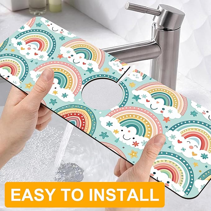 2 Pack Cute Rainbow Sink Splash Guard Faucet Mat Boho Rainbow Butterfly Super Absorbent Fast Drying Mat Sink Gadgets-Splash Guard Behind Faucet Drip Catcher for Kitchen Bathroom, 15.5"x5.5"