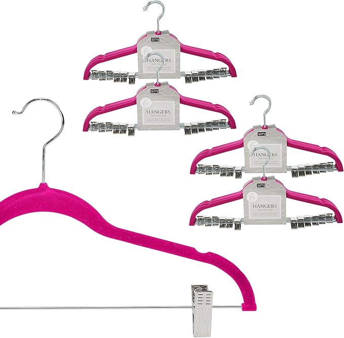 Simplify 24 Pack Velvet Hangers with Clips | Skirt and Pants | Slim Space Saving | Closet Organization | Non-Slip | Prevent Creases | Swivel Neck | Durable | Fuchsia
