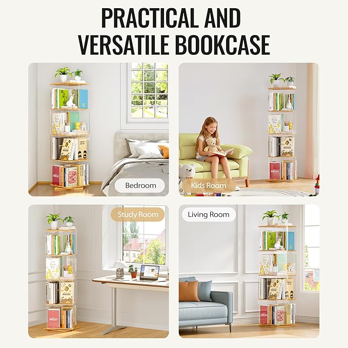 Rotating Bookshelf, 360 Degree Revolving Bookcase, 4-Tier Spinning Bookshelf, Clear Acrylic & Solid Wood Rotating Bookcase for Kid’s Playroom, Bedroom and Living Room, Square