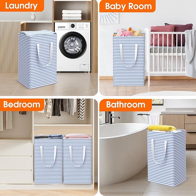 3 Pack Large Laundry Basket,Waterproof & Freestanding Laundry Hamper,Collapsible Clothes Hampers with Easy Carry Long & Reinforced Handles in Bathroom,College Dorm(125Lx3,Blue)