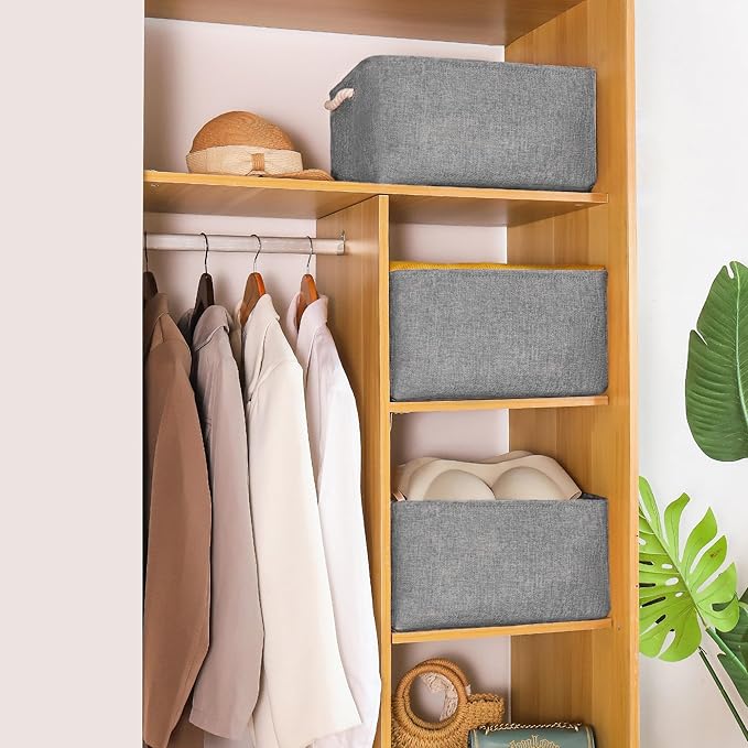 Storage Bins with Sturdy Cotton Handles(1 Pack), Fabric Storage Baskets for Organizing use for Office & Home, Book, Clothes, Toys, Closet Boxes (Medium, Grey, 14.2x10.2x7.1 inches)