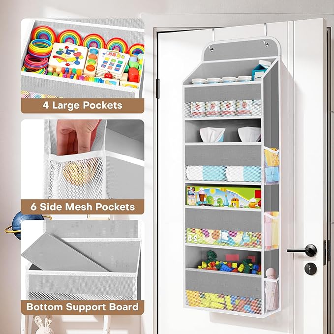 SpaceWhisper Over the Door Organizer, 4 Large Pocket Hanging Storage Organizer with 40lb Capacity, Space Saving for Nursery, Bathroom, Bedroom, Closet - Baby Essentials & Toiletry Organizer (Grey)