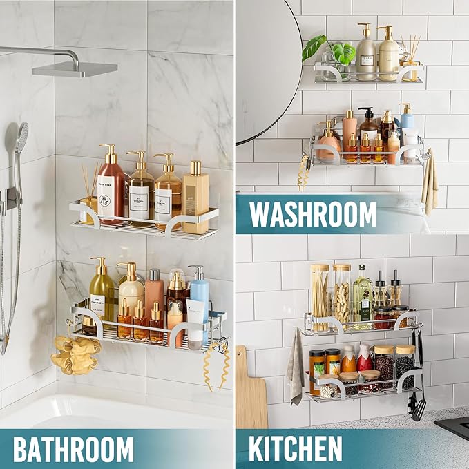 TAILI Shower Caddy Suction Cup 2 Pack, Heavy Duty Bathroom Basket, Bath Shelves for Inside,Stainless Steel Shower Holder Organizer for Bathroom Storage & Home Decor,No Drilling,Silver