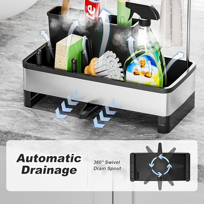 Ewaiira Stainless Steel Sink Caddy, Sponge Holder for Kitchen Sink with Brush Holder & Dishcloth Rack, Rustproof Sink Organizer Countertop, Kitchen Organizers Storage Essentials (D-Black)