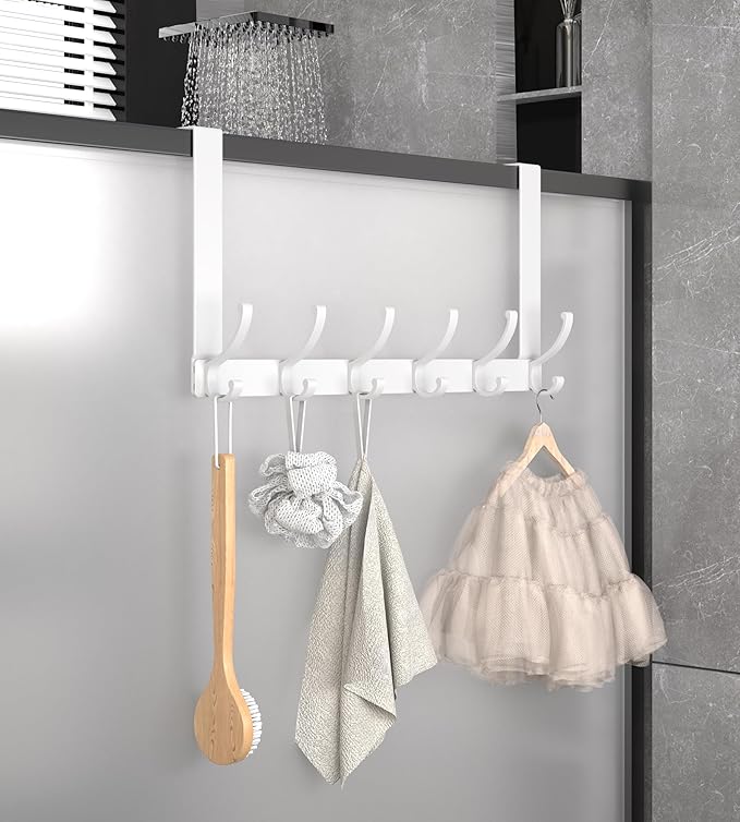 CHAUNCEY HOME Over The Door Hooks Hanger with Extended Arms, Fit 1 3/8" Door, Tool-Free Assembly, F7U, Towel Rack Organizer Holder - Glossy White