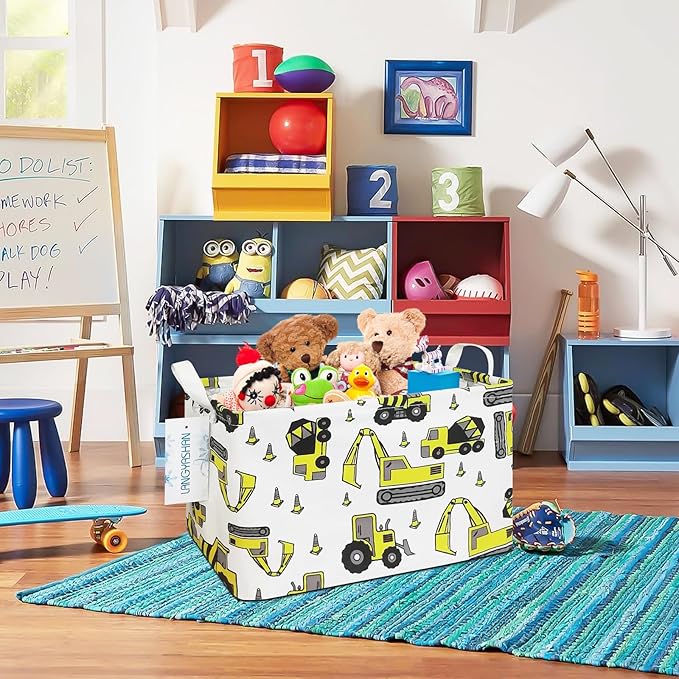 LANGYASHAN Rectangular Storage Bin Collapse Canvas Fabric Cartoon Storage Basket with Handles for Organizing Home Kitchen Boys and Girls Toys Office Closet Shelf Baskets (Rec Engineering Vehicle)