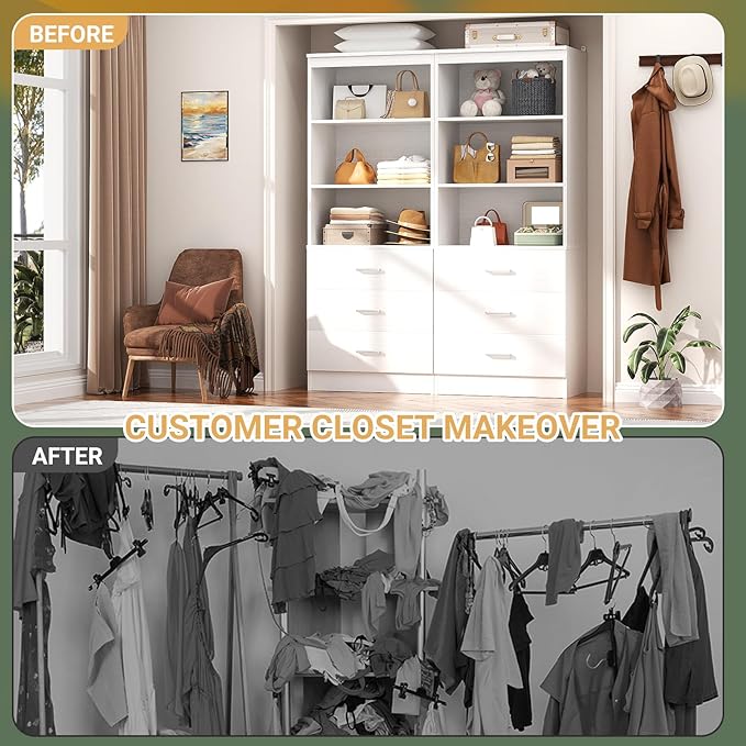Aheaplus Closet Drawers Organizer System, 3.54FT Wood Closet System with 4 Drawers, Modular Walk-in Closets Storage Unit, Tall Bookshelf Storage Cabinet, White (2 Packs)