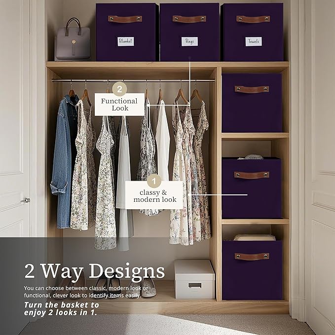 DECOMOMO Storage Baskets, 13x15x13 Storage Cube Bins with Labels for Organizing Shelves Kallax (Kallax / 4pcs, Deep Violet)