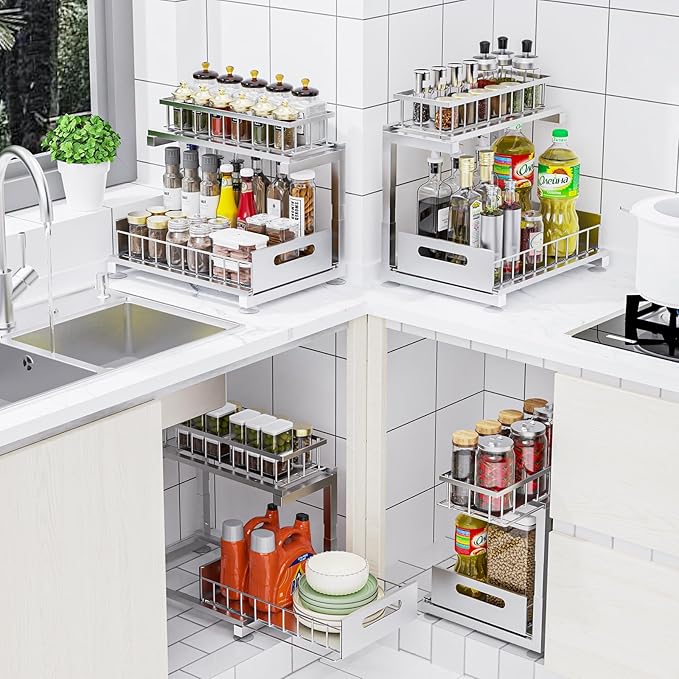 Under Sink Organizer, Heavy Duty Metal Pull Out Cabinet Organizer Slide Out Sink Shelf Organizer Height Adjustable, Multi-Purpose Storage Shelf for Kitchen Bathroom(Sliver,1Pack)