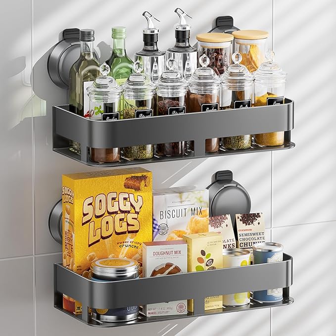 BREIS Suction Cup Spice Rack Organizer, Wall Mounted Spice Shelf for Kitchen, Hanging Seasoning Organizer, No Drill Spice Holder, Space-Saving Spice Organizer for Spice Jars and Seasonings (2 Pack)