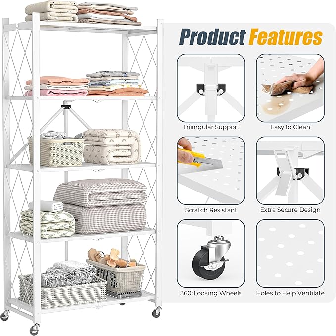 5-Tier Folding Metal Storage Shelf with Wheels, Heavy Duty Organizer Rack Holds 750 lbs, No Assembly Utility Shelving for Kitchen, Garage, Pantry, Living Room, Office (New Upgrade - White, 5 Tier)