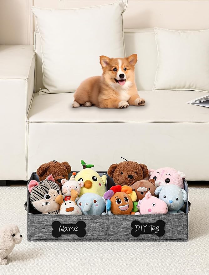 Qozary Large Dog Toy Basket with Diy Tag - Collapsible Dog Toy Bin, Fabric Personalized Storage Box, Trapezoid Storage and Organizer for Pet Supplies (Gray, Medium 27.6"x11.8")