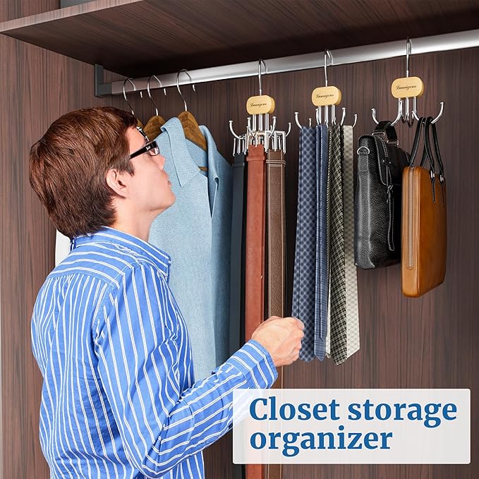 Belt Hanger, Belt Organizer for Closet,Rotatable Tie Rack,Belt Holder,Hanging Closet Organizer Hook for Belt, Bra, Tank Top, Tie, Scarf, Purse,3PCS,Natural