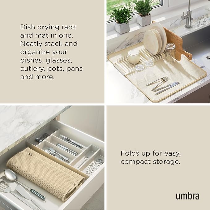 Umbra 330720-354 UDRY Rack and Microfiber Dish Drying Mat-Space-Saving Lightweight Design Folds Up for Easy Storage, Standard, Linen