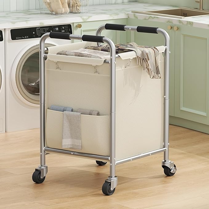 Laundry Basket with Wheels, Rolling Laundry Sorter Cart with Side pockets,47.6GAL(180L) Rolling Laundry Hamper with Removable Bag and Handle for Bedroom, Beige