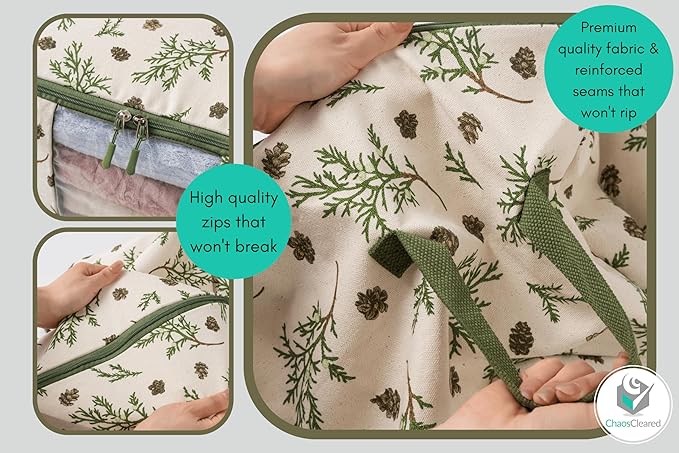Chaos Cleared Canvas Storage Bags Designer Organizer 2 Pack – Seasonal Storage for Sweaters, Blankets, Linens & Garments – Foldable Design with Zip & Window, Moth-Proof Space Saver, Mistletoe Print