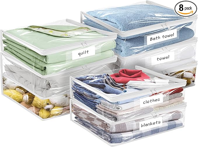 Plastic Storage Bags with Easy-Glide Zipper, Pack of 8, Durable Clear Vinyl Zippered Storage Bags for Clothes Sweaters Comforters Blankets Sheets Bedding (15.7 x 13.8 x 2.5 Inch)