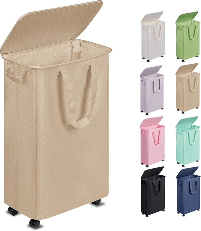 Slim Laundry Hamper with Lid and Wheels, Small Rolling Laundry Basket with Handle for Small Spaces, Tall Dirty Clothes Hampers for Dorm, Bathroom and Bedroom, 55L, Oatmeal